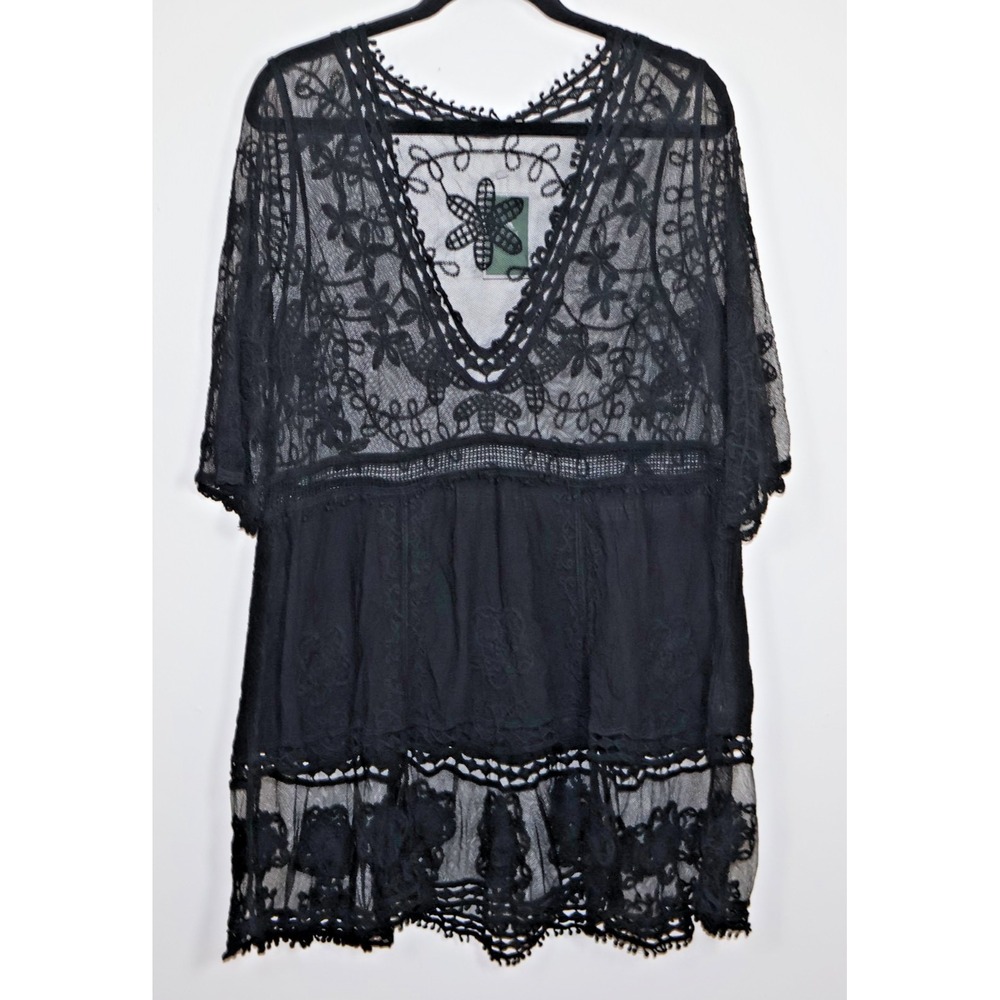 Eomenie Swimsuit Cover Up Dress OS Black Sheer Lace V Neck Embroidered Beach